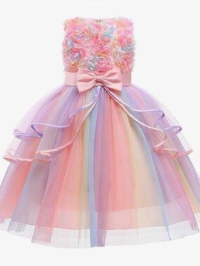 Pastel Rainbow Flower Girl Tulle Dress with Bow